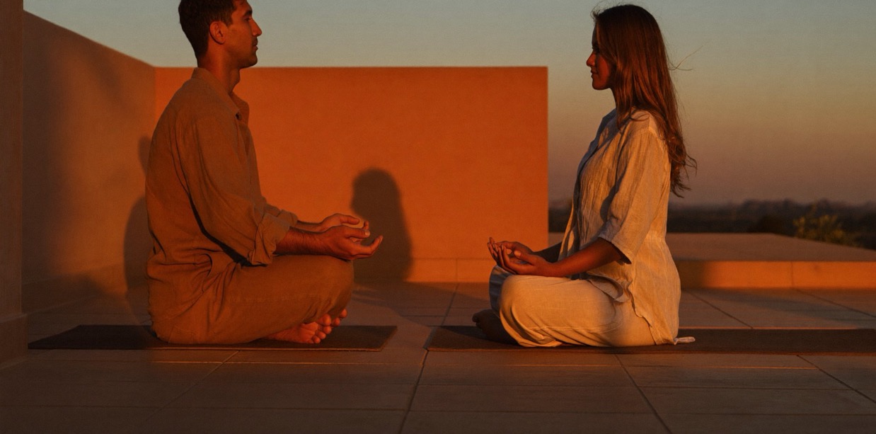 A couple practicing yoga together outdoors, seated in a mirrored meditation pose