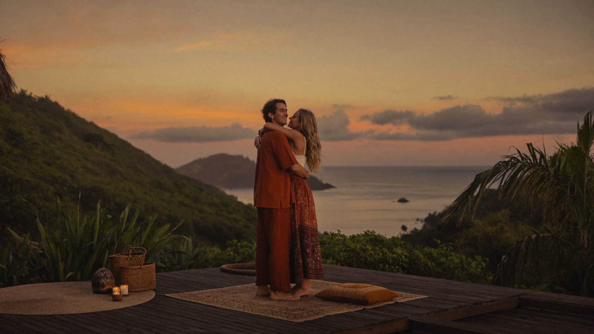 A couple embracing at golden hour, present with one another